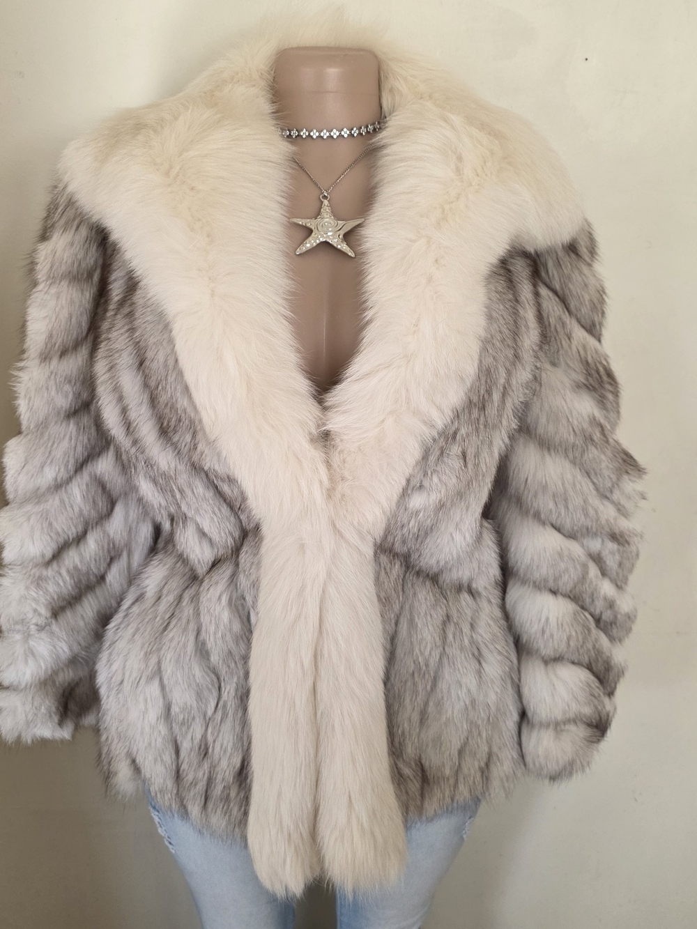 Saga Fox Furs Cream and Light Gray Fur Coat